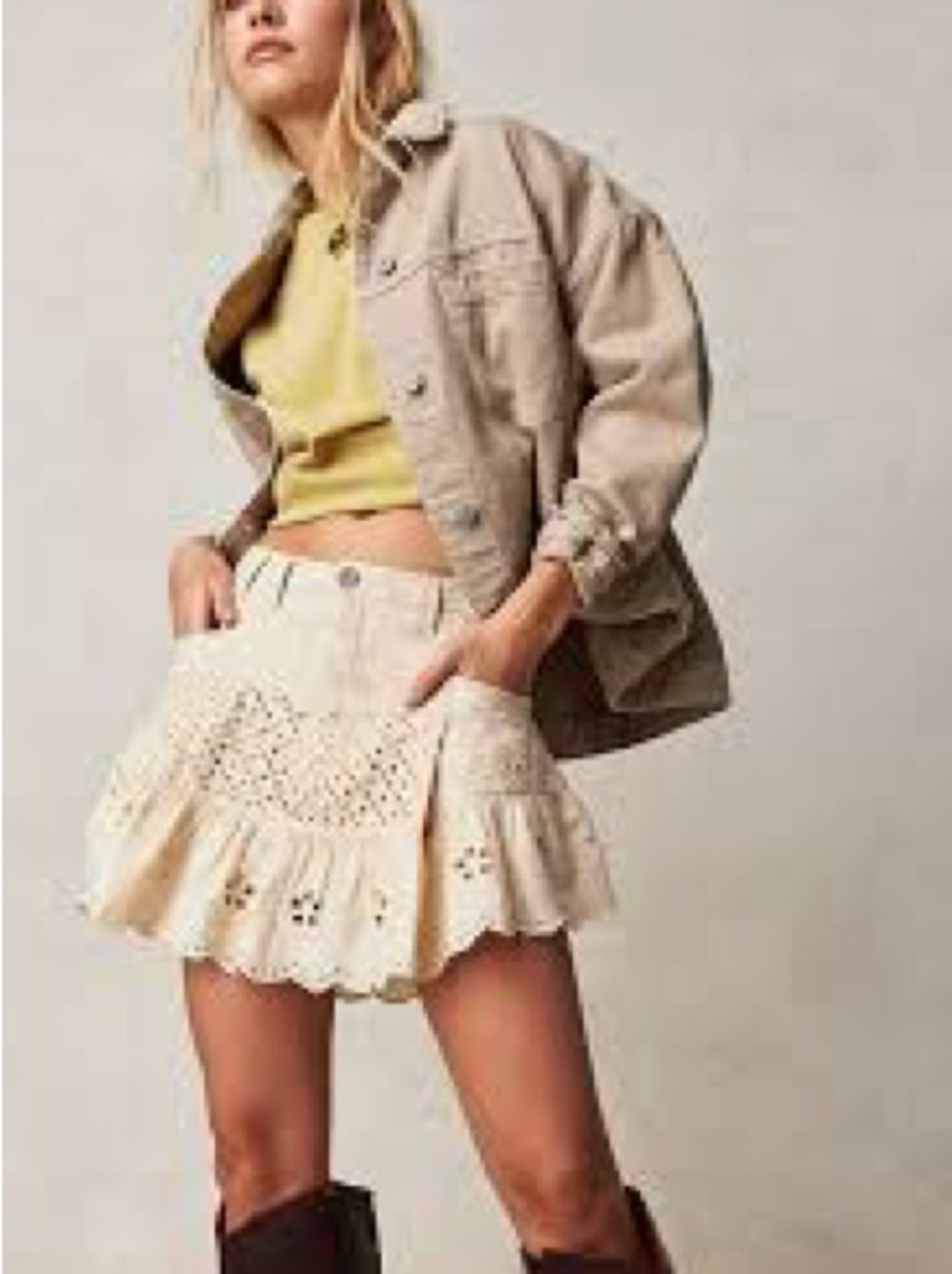 Free People Cream Eyelet Ruffle Mini Skirt